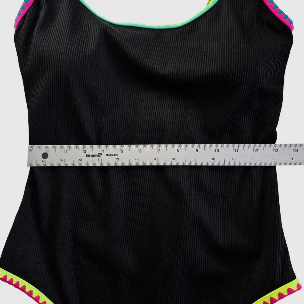 Popvil Womens One Piece Swimsuit Black Ribbed Neon Ric Rac Trim Size‎ Large - Picture 3 of 7